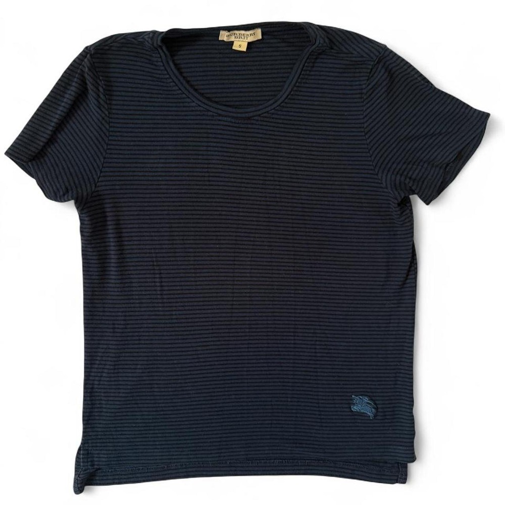Burberry Brit Navy Striped Fitted T-Shirt Equestrian Knight Logo Y2K S